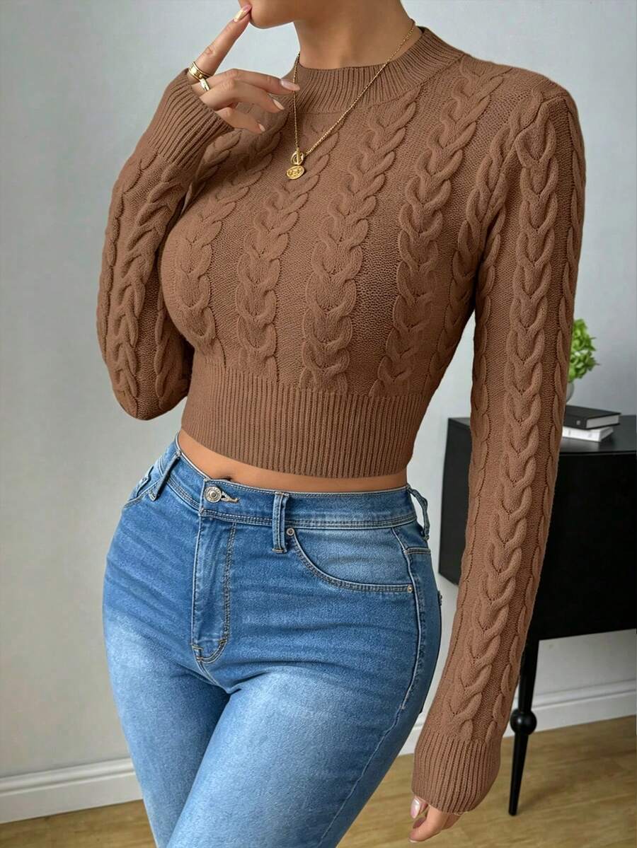 SHEIN Raffinéa Áo len croptop màu trơn phong cách thường ngày đa năng - màu nâu - Xem 1
