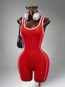 Mistrie Women Contrasting Color Trim Hollow Sleeveless Slim Fit Romper, Summer Sports - Red - View 3