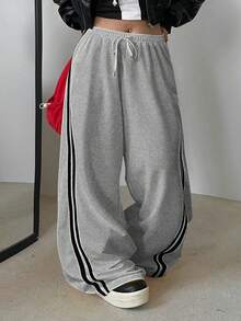 POPSWAY Plus Size Slouchy Sports Style Yellow Striped Sweatpants For Women, High Waist Drawstring Loose Wide Leg Pants, Autumn 2025 - Light Grey - View 6