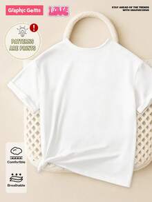 SHEIN 少女休闲时尚创意个性化清新简约闪亮蝴蝶结装饰字母标语印花基础款白色T恤，舒适日常穿着，适合春、夏、秋季 - 白色 - 查看 2