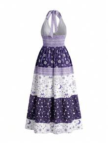 ROMWE Country Punk Witch Hippie Vacation Style Plus Size Vintage Print High Slit Halter Neck Dress For Women - Purple - View 2