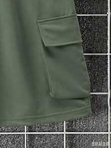 Manfinity Homme 男士純色短袖T恤與抽繩腰工裝短褲休閒日常兩件套 - 軍綠色 - 查看 5