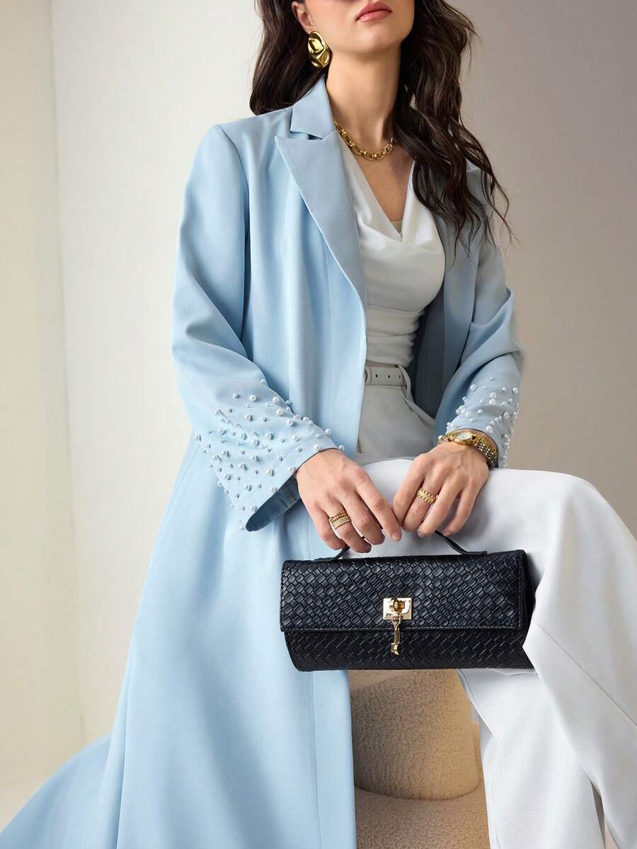 Yasmyna Solid Color Faux Pearl Decorated Cuffs Elegant Arabic Abaya - Blue - View 1