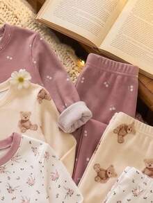 女嬰休閒極簡修身圓領長袖長褲居家服多件套，適合秋冬，貼身舒適 - 彩色 - 查看 9