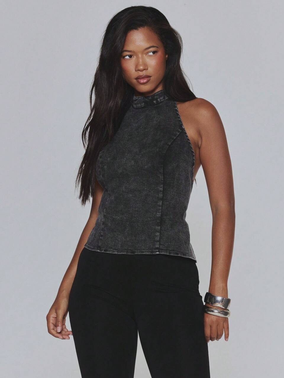 High Neck Washed Denim Sleeveless Open Back Fitted Top Autumn Fall Winter Y2K Festival Holiday