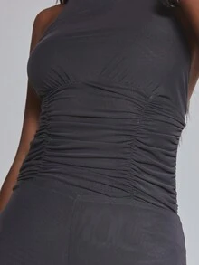 MUSERA 灰色抓皺細節掛脖七分褲連身褲 夏季秋冬日常穿搭女裝 - 深灰色 - 查看 5