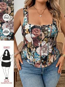 SHEIN CURVE+ 大尺碼女款花卉印花方領休閒背心上衣，適合度假 - 彩色 - 查看 2
