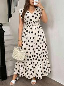 Comfylo Plus Size Women's Summer Ditsy Floral Boho 1950s Vintage Lace Sleeve V-Neck Long Holiday Dress Vacation Wedding Guest Beige - Apricot - View 1
