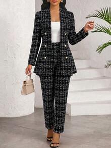SHEIN Lady 女款優雅通勤西裝外套與長褲套裝 - 黑色 - 查看 4