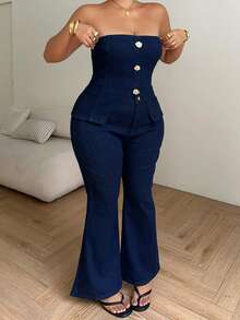 Dazy Plus Conjunto de denim de talla grande con chaleco elástico de ajuste ceñido y decoración de botón grande, de ajuste ceñido y acampanado para la primavera/verano - Azul lavado oscuro - Ver 2