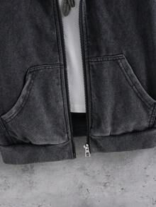 SHEIN 青少年男孩純色連帽拉鍊休閒日常穿著運動衫 - 深灰色 - 查看 4