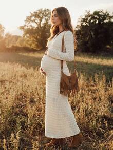 Boho Mama فستان حمل بلون موحد برقبة دائرية وأكمام طويلة بقصة ضيقة وأنيقة وكاجوال مناسب لجلسات التصوير باللون الأبيض للصيف والخريف - لون مشمشي - مشاهدة 3