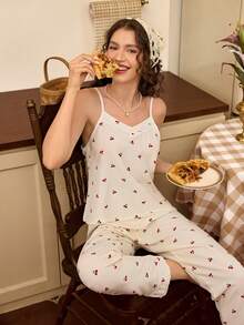 Kirschenmuster Camisole Top & Hose Pyjama Set - Beige - Übersicht 7