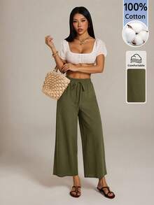 SHEIN PETITE Women's Solid Color Drawstring Waist Casual Versatile Daily Wear Wide Leg Long Pants Vacation Olive Green Summer - Army Green - View 4