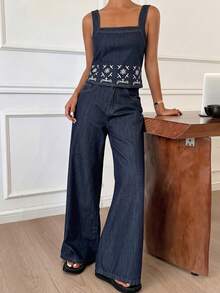 Livesso Summer Dark Blue Geometric Print Patchwork Denim Camisole Top Straight Leg Jeans Business Casual Retro Vintage 70s Streetwear Vacation Elegant Daytime - Black - View 2