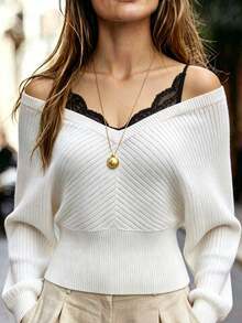 SHEIN Franclia كنزة نسائية 2 في 1 بتصميم مرقع كاجوال متعددة الاستخدامات للارتداء اليومي بأكمام طويلة - أبيض - مشاهدة 7