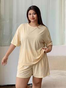 Dazy Plus Solid Color Knit Round Neck Top & Shorts Pajama Set Summer - Yellow - View 7