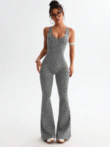 Slayform 1pc Leopard Print Twisted Back Waist Deep V Neck Flare Leg Jumpsuit - Grey - View 3