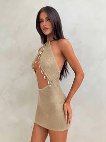 Aloruh Women's Summer New Brown Elegant Sexy Minimalist Beach Vacation Romantic Date Party Outing Hot Girl Y2K Knit Round Metal Halter Shell Tassel Patchwork Hollow Out Mini Dress - Beige - View 8