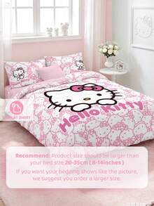 HELLO KITTY AND FRIENDS | SHEIN 3件組粉色完整版卡通圖案蝴蝶結裝飾被套組，卡通角色圖案，柔軟保暖材質，多尺寸適用單人床/雙人床/加大床/特大床，派對、節慶，可愛復古床上用品 - 淺粉色 - 查看 9