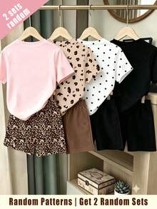 (Random Pattern, 2 Sets Random) Girls Leopard Print Glitter Bow Heart Rabbit Pattern Basic Short T-Shirt And Shorts Set - Multicolor - View 2
