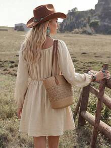 Wildy BOHO Cottagecore 休閒西式鄉村遊牧風女款秋冬日常基礎穿搭長袖蕾絲拼接迷你洋裝 度假米色 - 杏色 - 查看 4
