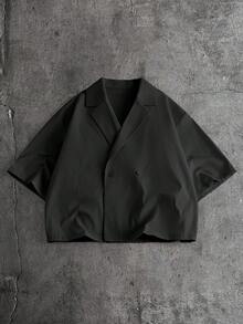 AXEPEAK 男士純色極簡風鈕扣短袖襯衫與口袋長褲套裝 - 黑色 - 查看 4