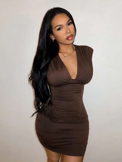 SHEIN SXY Women's Elegant Brown Pleated Sexy Hot Girl Dress