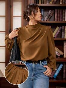 Vionelle Plus Size Women's Autumn/Winter New Ruched Elegant Commute Long Sleeve Loose Blouse Fall - Coffee Brown - View 4