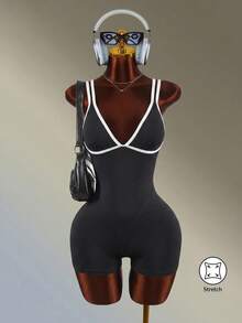 Amplova Contrast Trim Cami Strap Sports Romper - Black and White - View 10