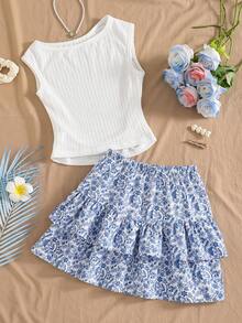SHEIN Novo Conjunto de 2 Peças para Adolescentes Apresenta um Suéter Casual e de Estilo de Férias Confortável em Malha Jacquard Azul de Gola Redonda Combinado com uma Saia Bicolor Correspondente. A Cintura e a Barra Franzidas do Suéter Criam um Visual Geral Elegante. Este Conjunto de Alta Qualidade é Perfeito para o Uso Diário, Incluindo Férias, Viagens e Festas, e é Ideal para a Primavera e o Verão. - Multicolorido - Visão 3