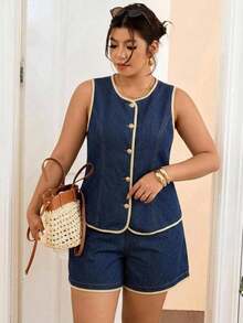Lounesse Plus Size Single-Breasted Sleeveless Round Neck Top And Denim Shorts 2 Pieces Set - Blue - View 7