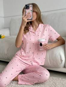 女童棕色蝴蝶結與棕色波點印花粉色底色舒適短袖長版開襟翻領家居服套裝，柔軟舒適面料，送給女孩子的完美禮物 - 粉色 - 查看 10