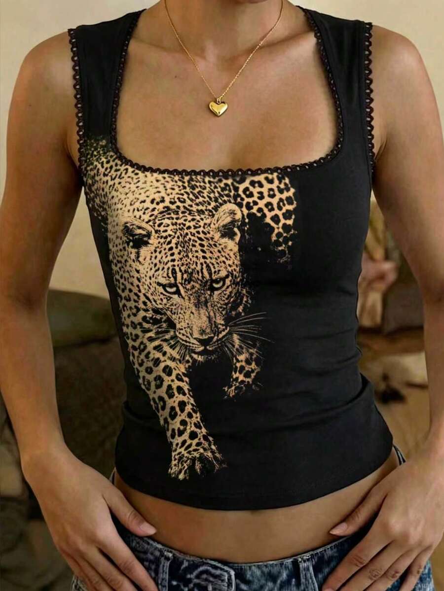 INAWLY Solva Women's Leopard Print Slim Fit Versatile Casual Top - Black - View 1
