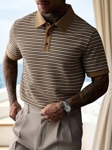 Manfinity Homme 男士對比領紋理針織條紋 Polo 衫，復古休閒短袖街頭上衣 - 彩色 - 查看 7