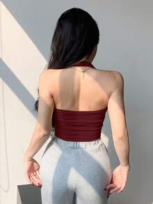 DAZY 女士休闲纯色修身露背吊带背心，适合夏季外出穿着 - 酒紅色 - 查看 2