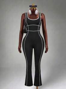 Mistrie Damen Yoga Outdoor Fitness Jumpsuit mit breiten Trägern, eng anliegende ausgestellte Hose mit kontrastfarbigen Streifen, Yoga Jumpsuit Activewear Jumpsuit Sport - Schwarz - Übersicht 4