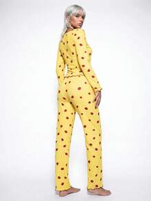 AltBold Strawberry Print Long Sleeve Top & Pants Pajama Set, Fall Winter Clothes - Yellow - View 2