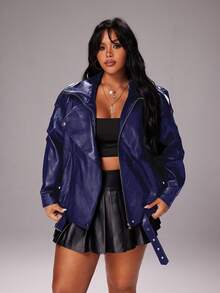 Rustia Plus Size Premium Street Style Cool Autumn New Loose Fit Versatile Fashion Motorcycle Leather Jacket Winter - Navy Blue - View 6