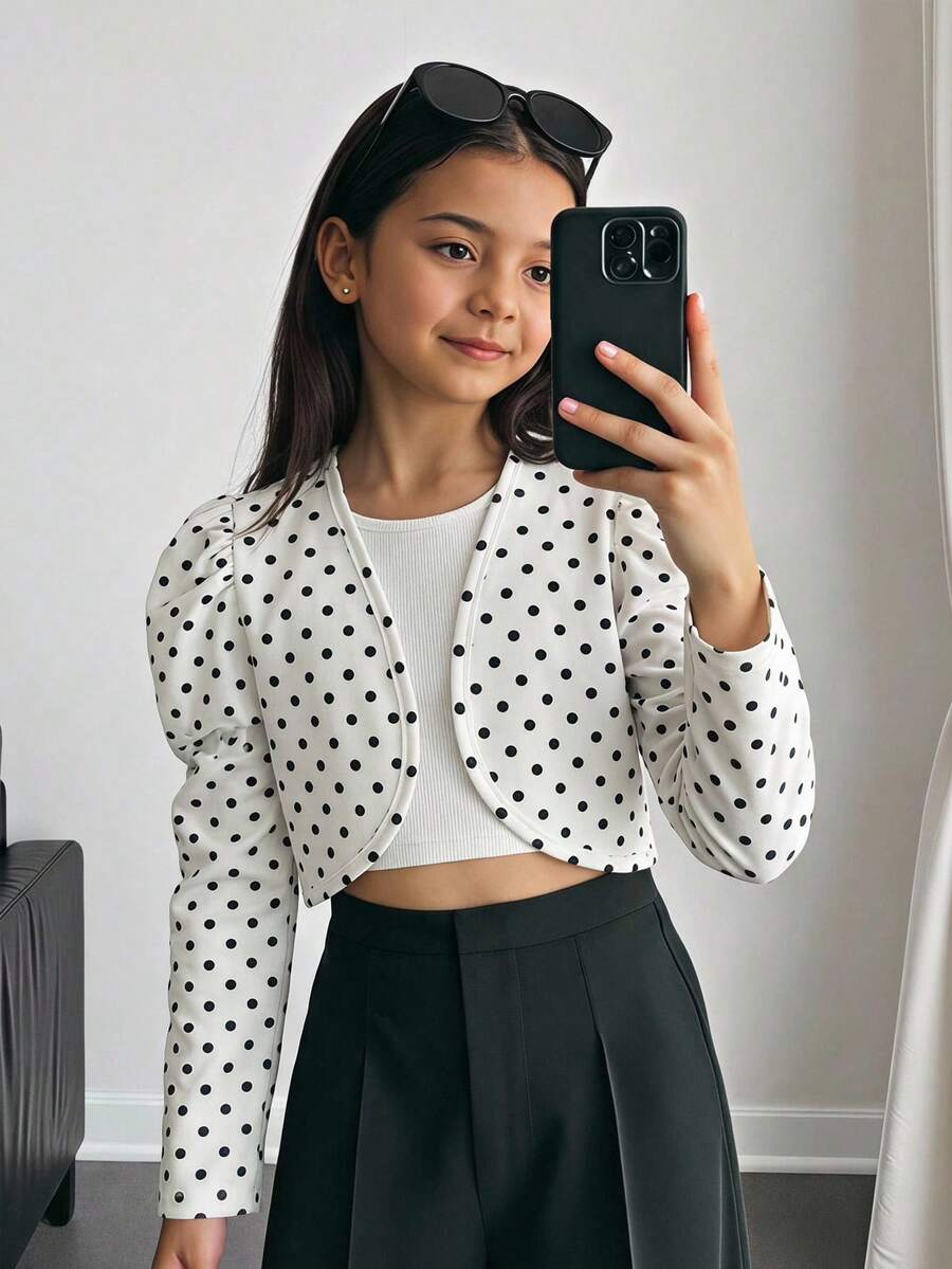 SHEIN 青少年女孩優雅休閒黑白波點印花 1件裝抽褶長袖開襟短版夾克,適合春秋/冬季 - 白色 - 查看 1