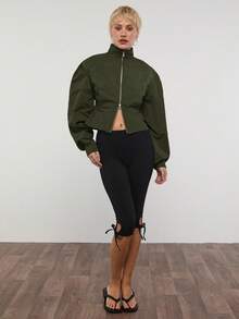 COUREZ 泡泡袖拉鍊運動夾克 / Y2K 女款夏季服飾 夏季穿搭 棕色夾克 - 軍綠色 - 查看 3
