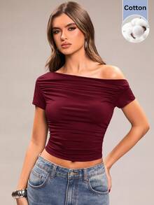 SHEIN BAE 女款純色不對稱肩褶皺T恤，適合日常穿著 - 酒紅色 - 查看 3