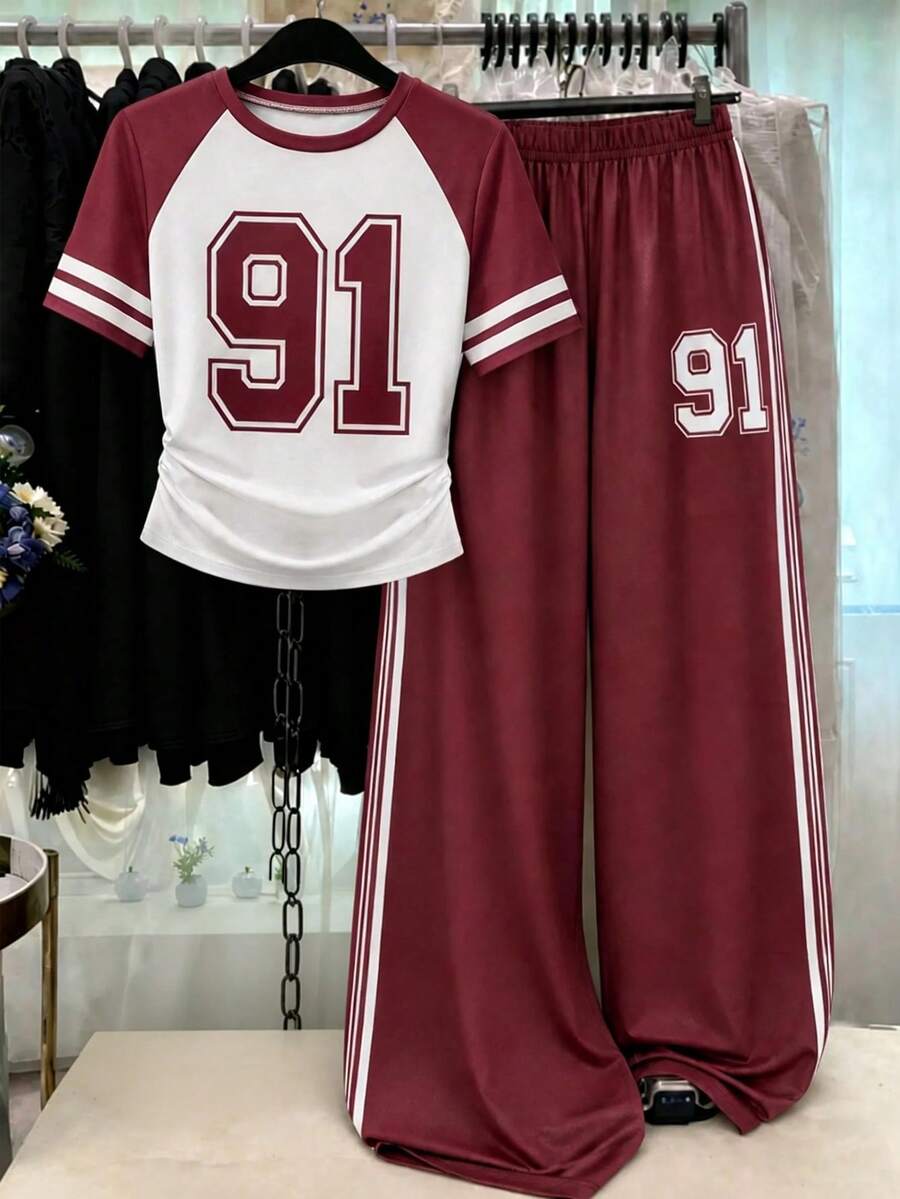 Sparklyn Teen Girl American Retro Sports Style Colorblock Number Print Raglan Sleeve T-Shirt And Pants 2pcs Set - Red - View 1
