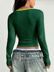 Coolane Casual Sports Women's Green & Yellow Brazil Flag Colorblock T-Shirt, Vintage Number & Letter Print, Early Spring Sports Season Street Style Long Sleeve Top, Retro Nostalgic Style, Y2K Style, Soft Girl Style, Gen Z Sports Plus Size Crew Neck Long Sleeve - Multicolor - View 2