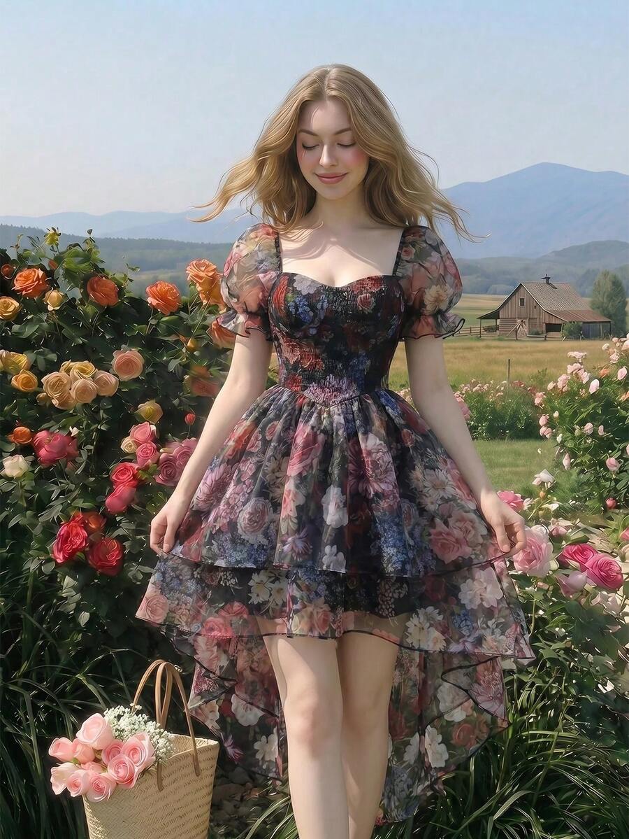 SHEIN MOD 黑色复古油画花卉印花高低摆双层蛋糕裙——复古宫廷风，仙气飘飘，女士度假装，完美适用于度假、约会、野餐、派对、舞会、节日和生日等场合。