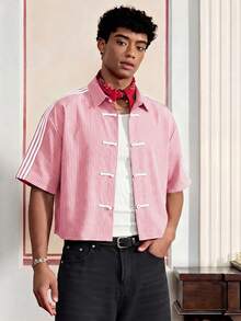 EASEVO Camisa de manga corta a rayas para hombre de talla grande con diseño de botones de rana - Rojo y blanco - Ver 2