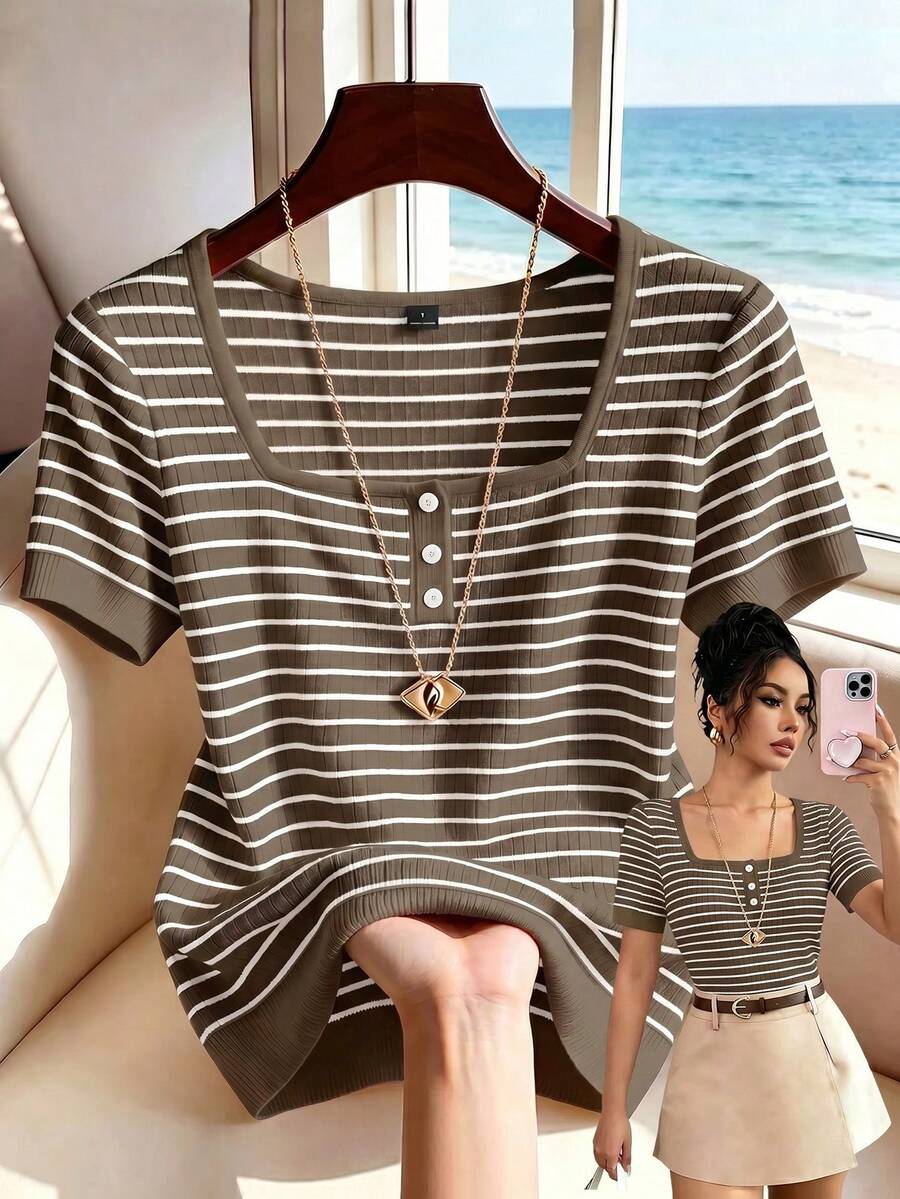 SHEIN Franclia Women's Brown Striped Square Neck Short Sleeve T-Shirt, Beach Vacation Cute Coastal Chic Elegant, Suitable For Spring/Summer, Winter, National Day - Brown - View 1