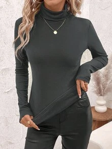 SHEIN Clasi 女款立領抓皺腰部保暖發熱T恤 - 灰色 - 查看 6
