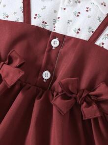 SHEIN Playful Pals 酒紅色碎花 2 合 1 女嬰洋裝，秋季新款甜美公主風洋裝，翻領、泡泡袖、蝴蝶結設計，時尚女嬰洋裝 - 酒紅色 - 查看 8