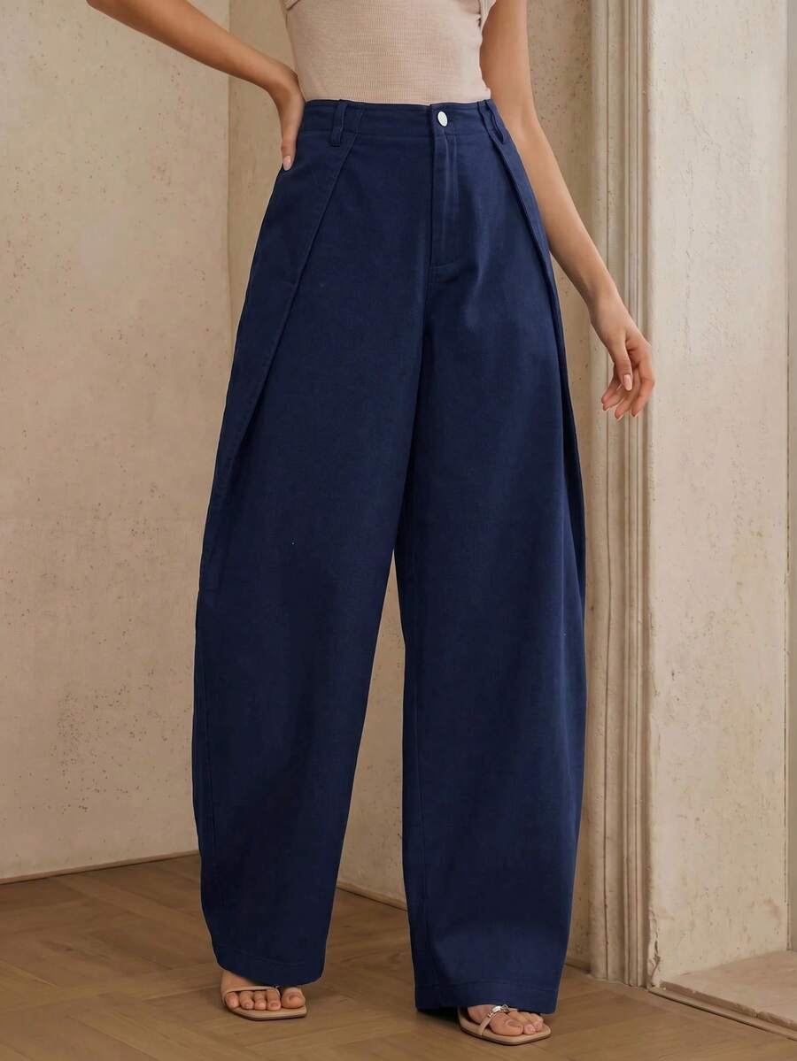 Anewsta Essential Summer Navy Blue Washed Wide Leg Pants, Fashionable Minimalist Casual Commuter Loose Slimming Curved Leg Jeans For Women, Everyday - Navy Blue - View 1